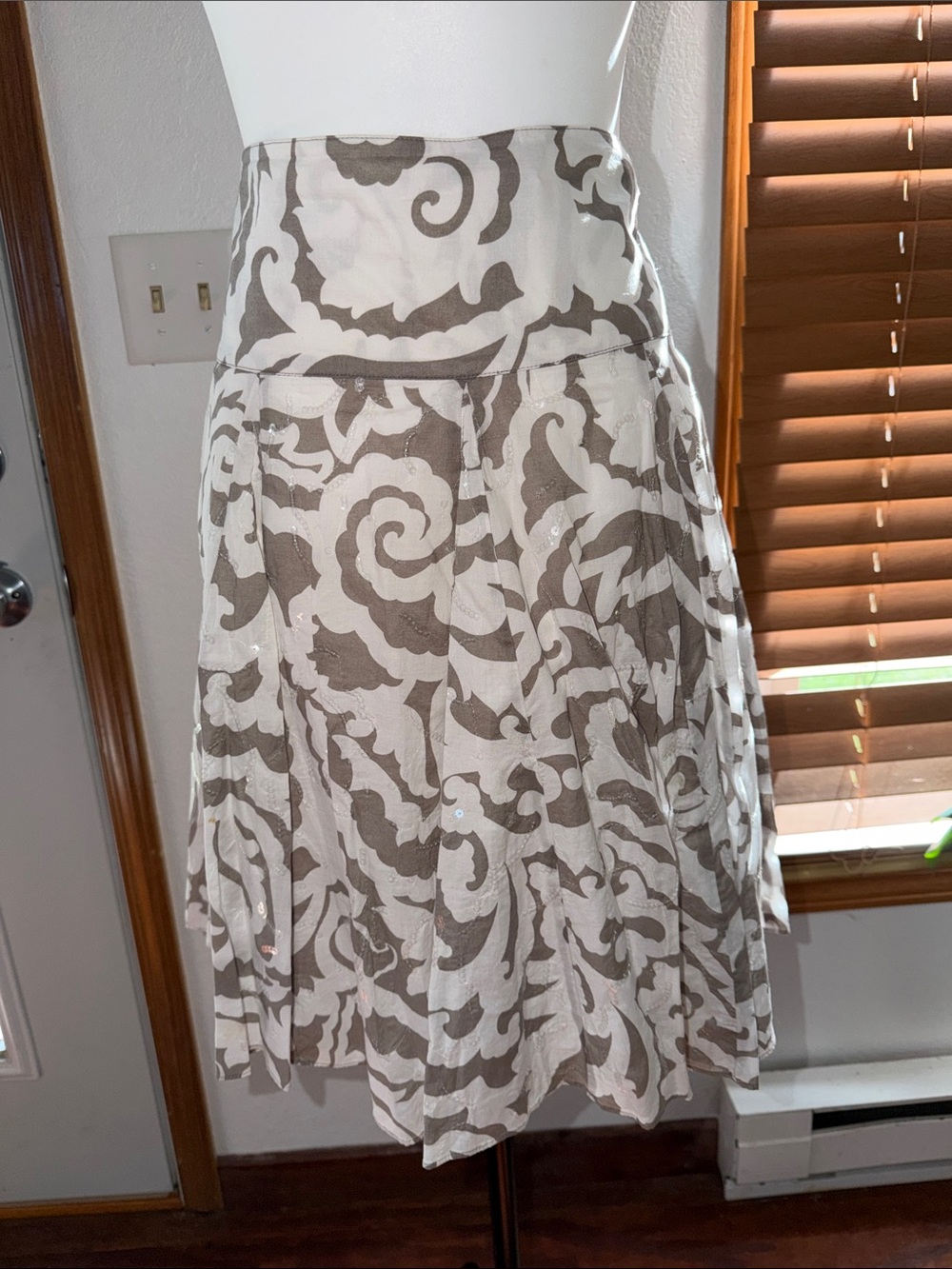 INC International Concepts Ivory and Taupe Swirl A-Line Midi Skirt